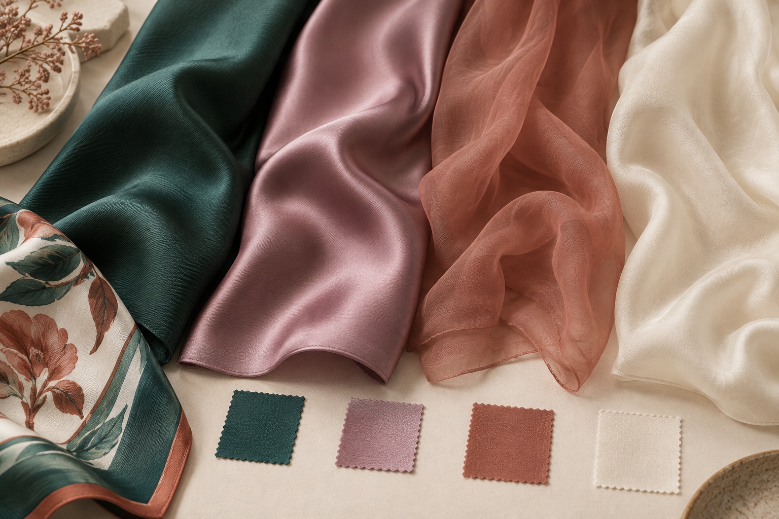 Four fashionable silk fabrics in different weaves, weights and colors