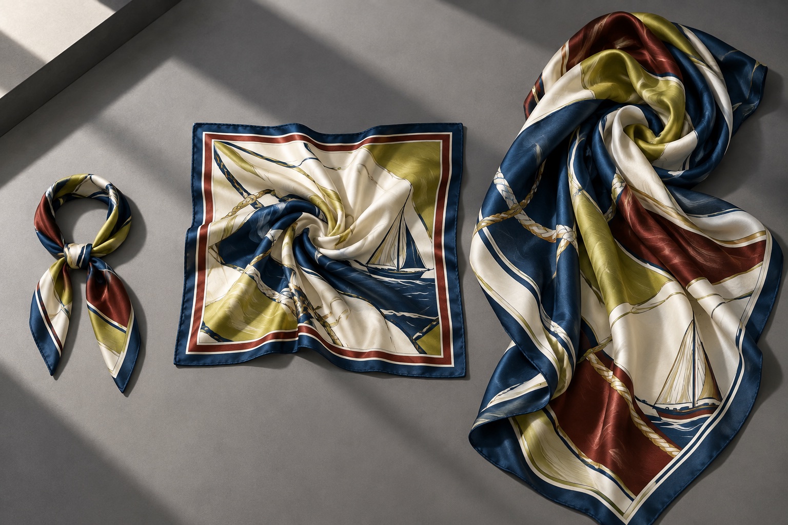 Three silk scarf sizes in maritime blue, mahogany and green-yellow