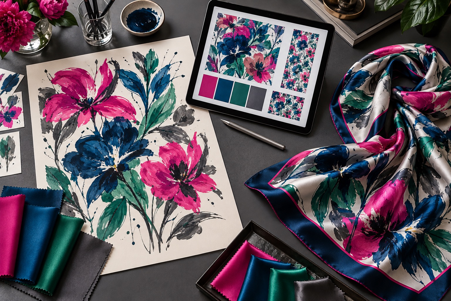 Fashion artwork, color swatches and a matching silk scarf print