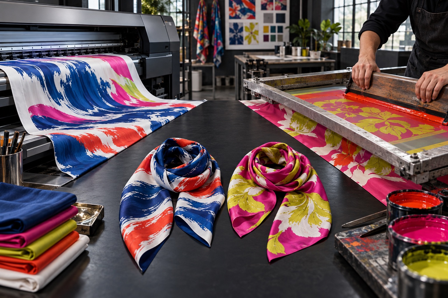 Digital and screen printing methods producing colorful silk scarves