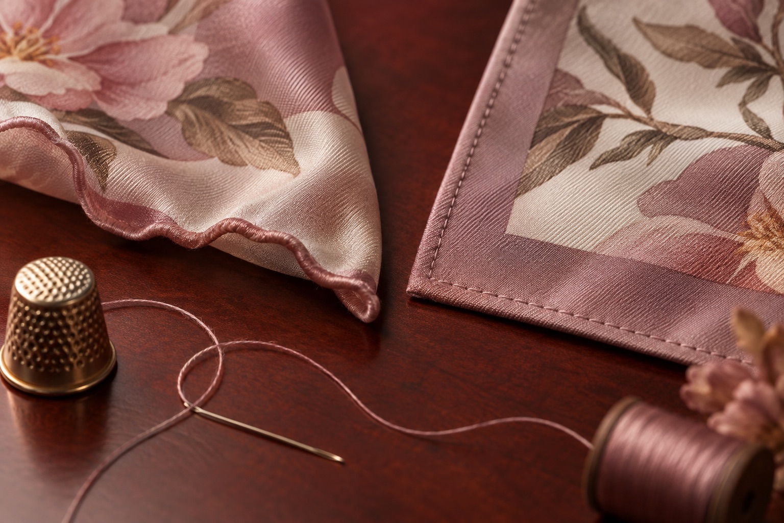 Macro comparison of hand-rolled and machine-stitched silk hems