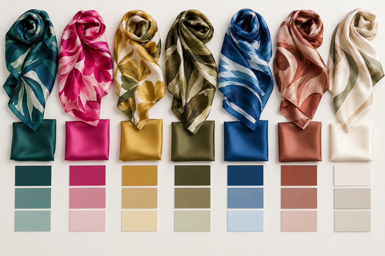 Fashion color families matched across silk scarves, swatches and chips