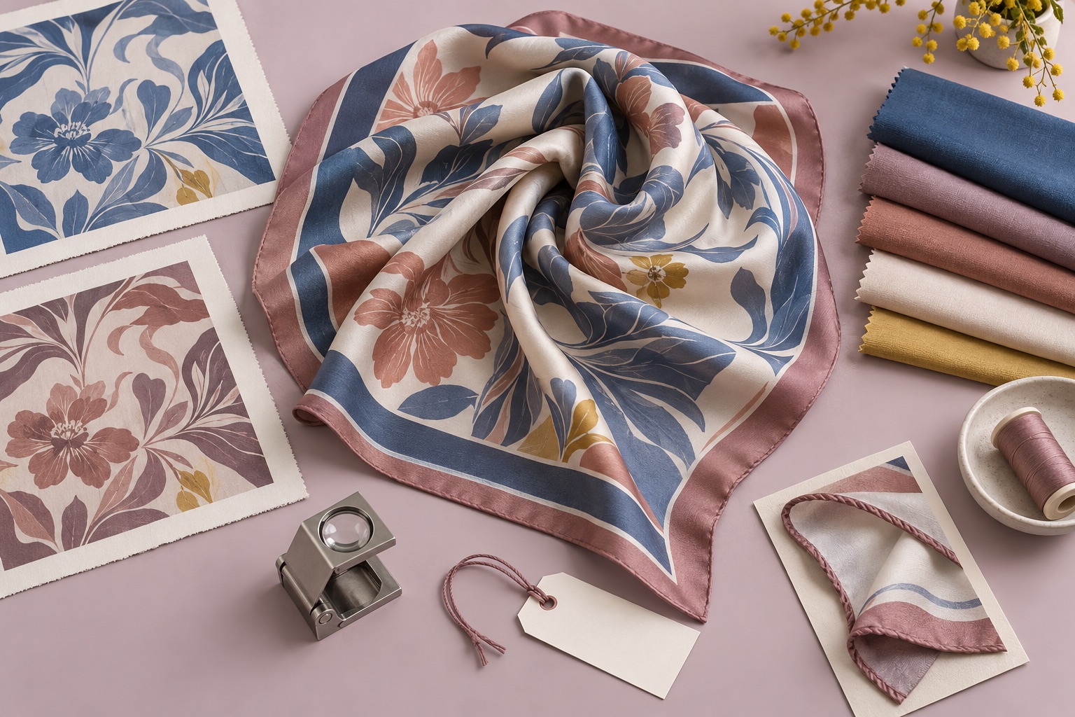 Custom silk scarf sample reviewed with strike-offs and finishing references