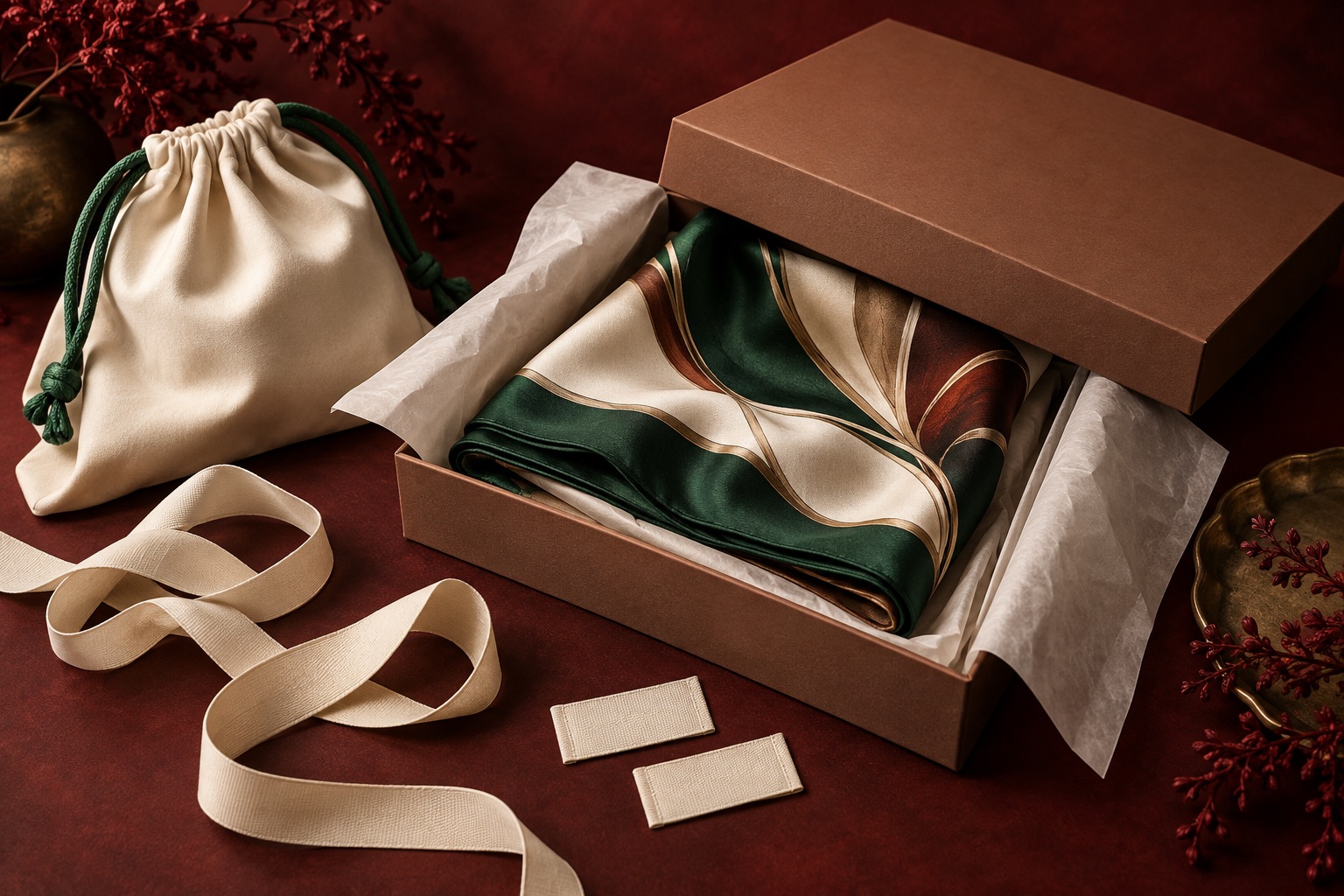 Private-label silk scarf in premium mahogany, toffee and cream packaging