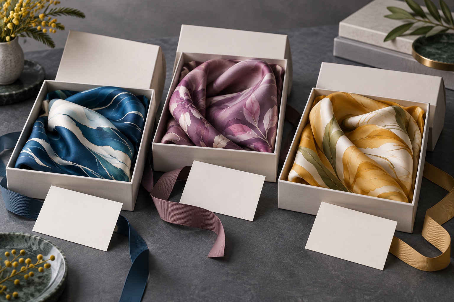 Three coordinated silk scarves presented as refined corporate gifts