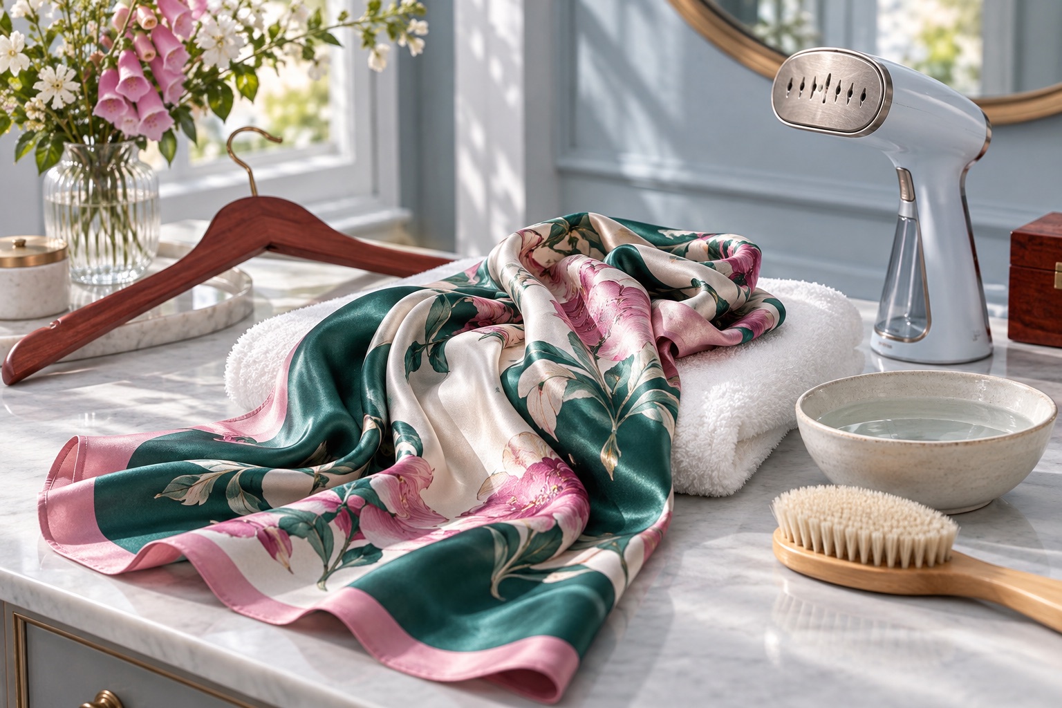 Fashion silk scarf arranged with gentle care tools and a clean towel