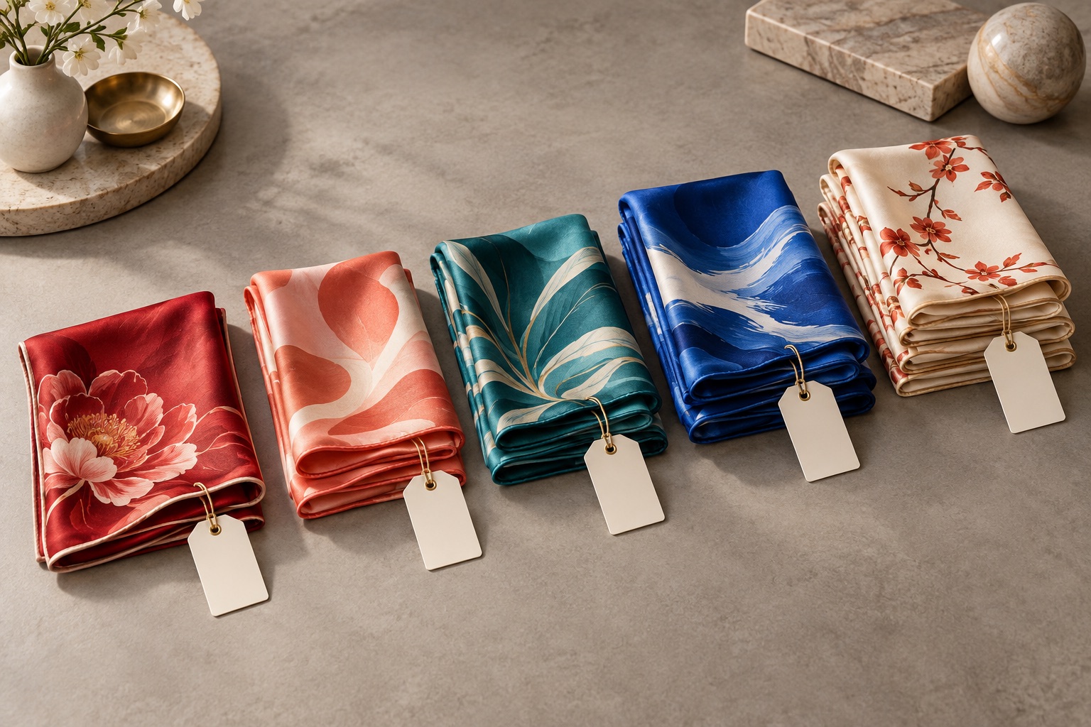 Colorful custom silk scarf samples arranged in production quantities