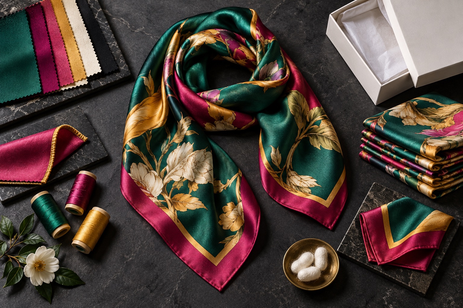 Jewel-toned silk scarf with fabric, finishing and packaging options