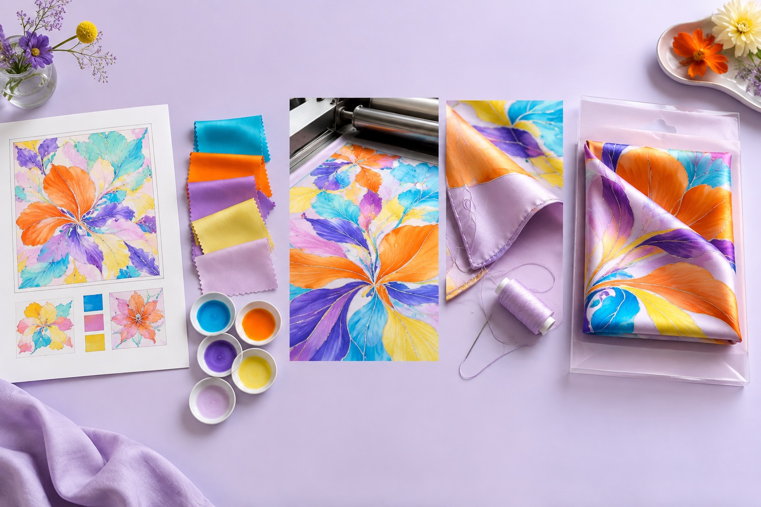 Colorful silk scarf shown through artwork, printing, hemming and packing stages