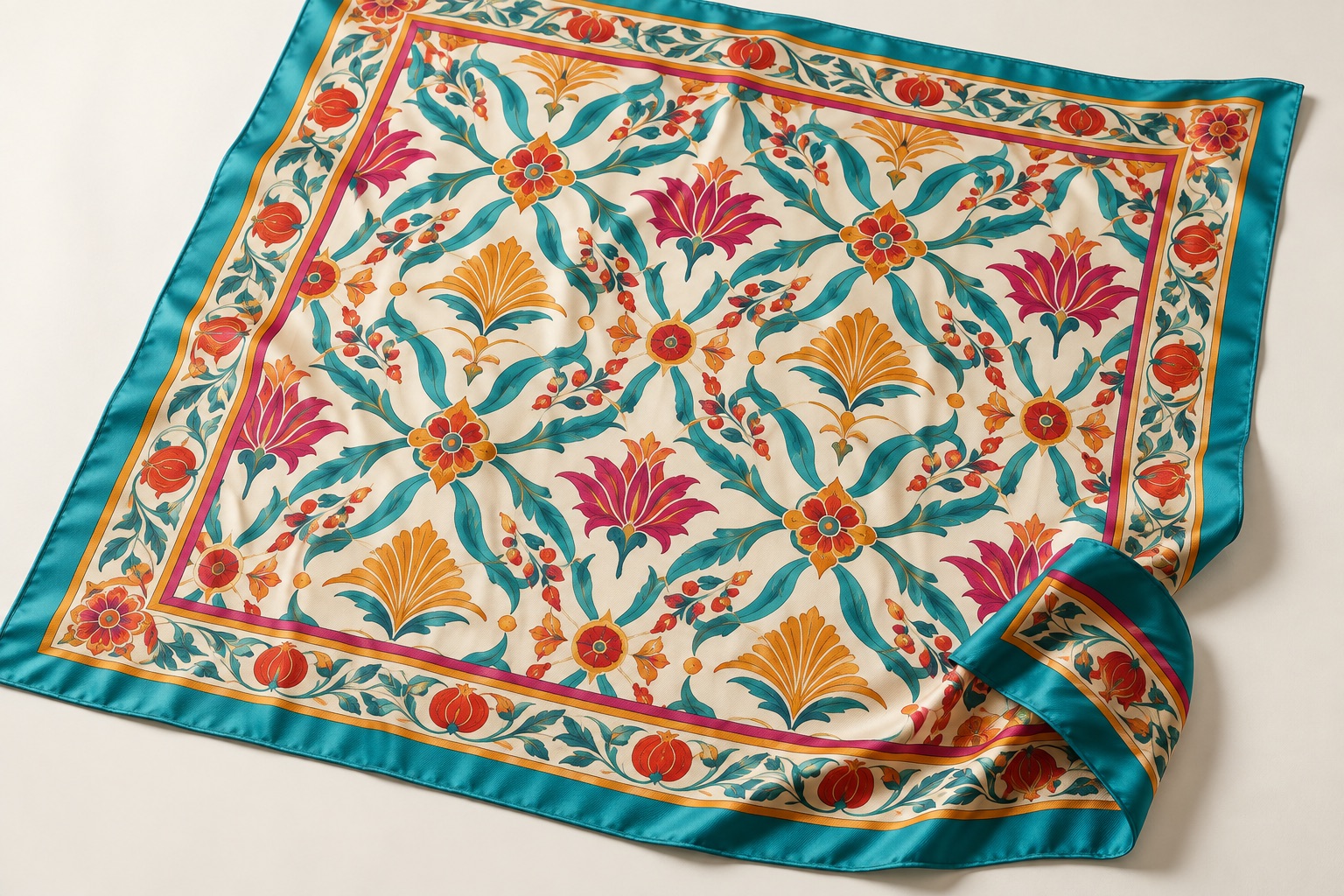 Turquoise silk scarf with a vivid repeating botanical pattern and border