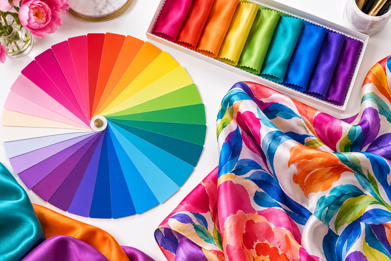 Fashion color chips and vivid printed silk arranged for color matching