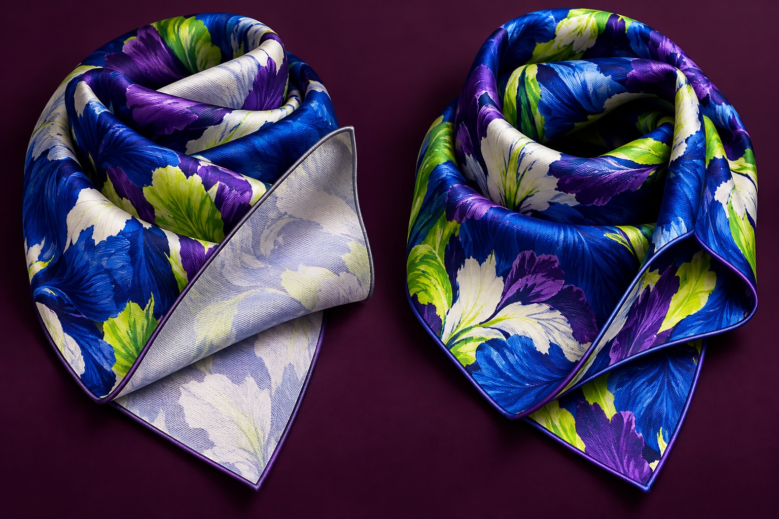 Two vivid silk scarves showing different front and reverse color results