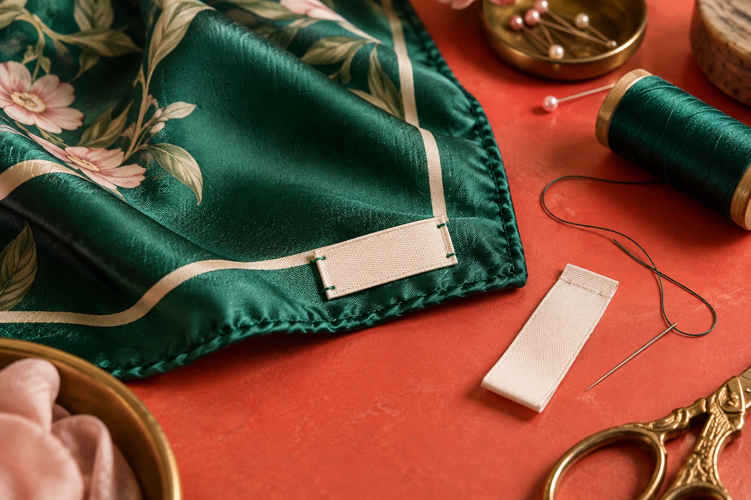 Blank custom labels being sewn onto an emerald silk scarf