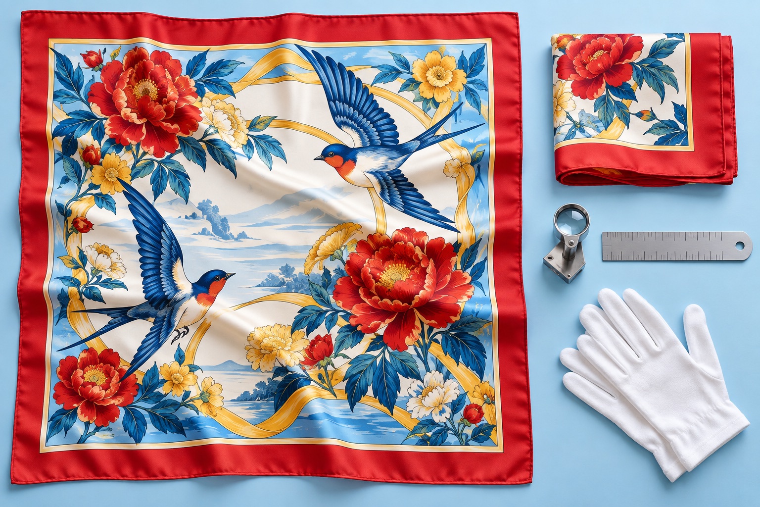 Red and blue silk scarf laid out with quality inspection tools