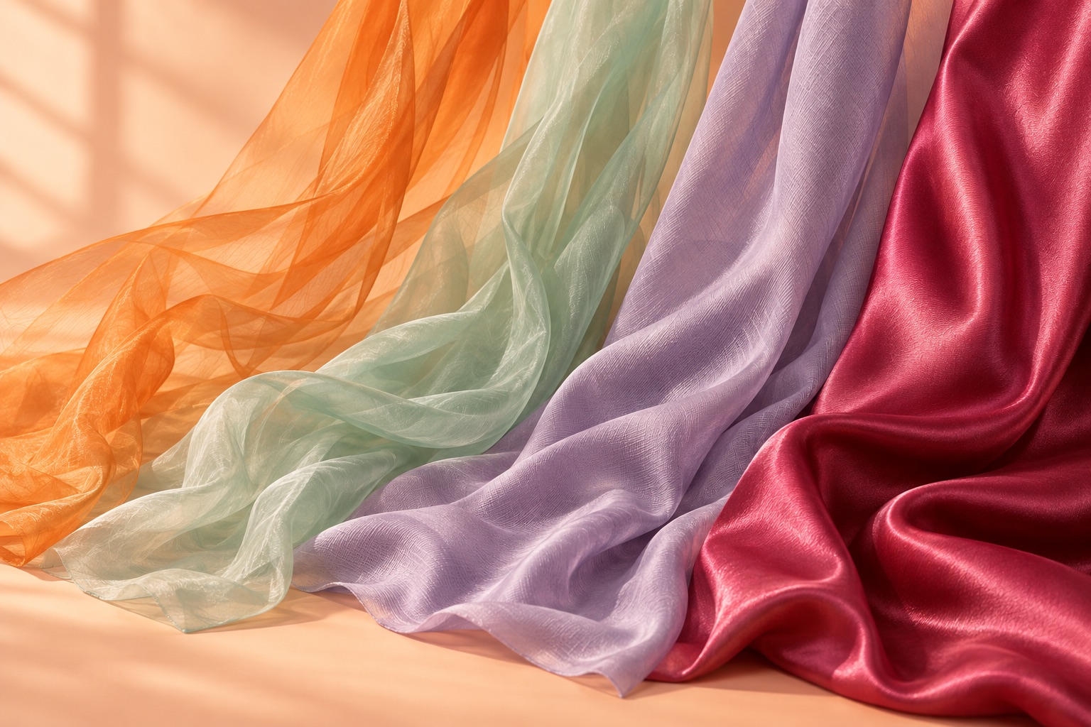 Four colorful silk fabrics showing different weights, transparency and drape