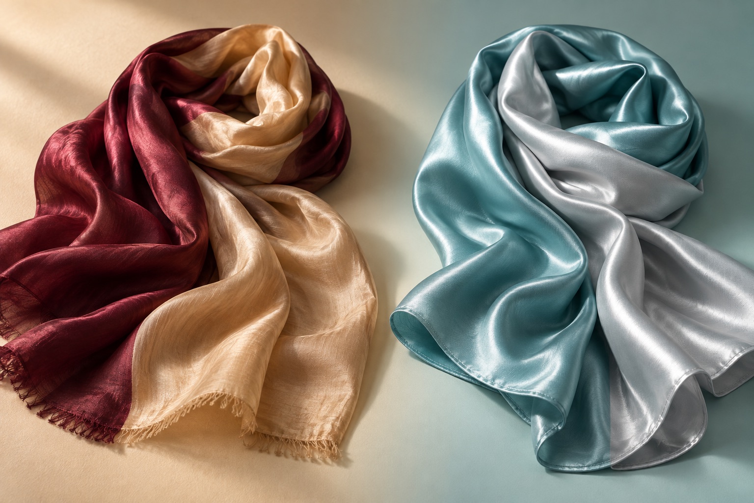 Burgundy silk and aqua polyester scarves compared side by side