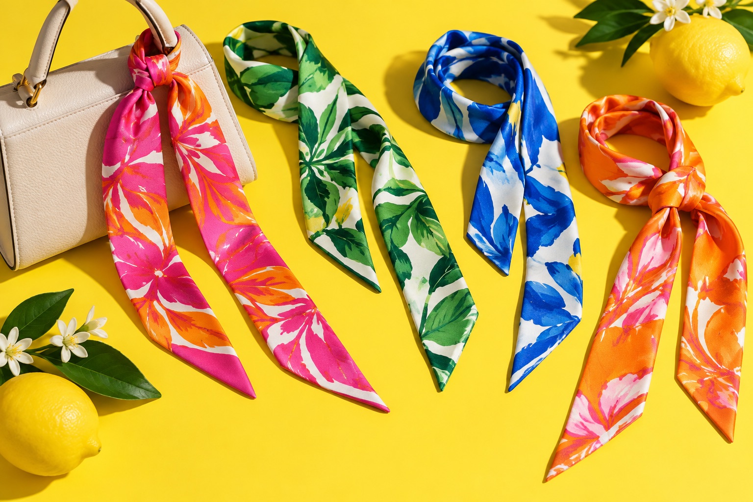 Bright fashion silk twillies styled on a yellow background