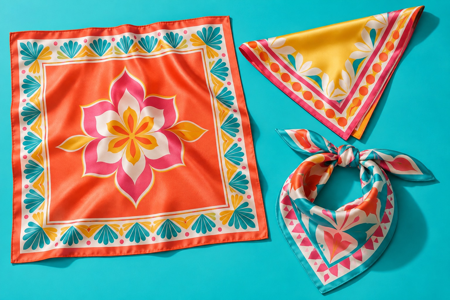 Coral, yellow and turquoise silk bandanas in three styling formats