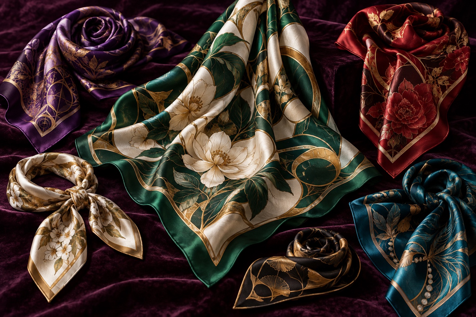 Luxury scarf collection in emerald, amethyst, garnet and gold