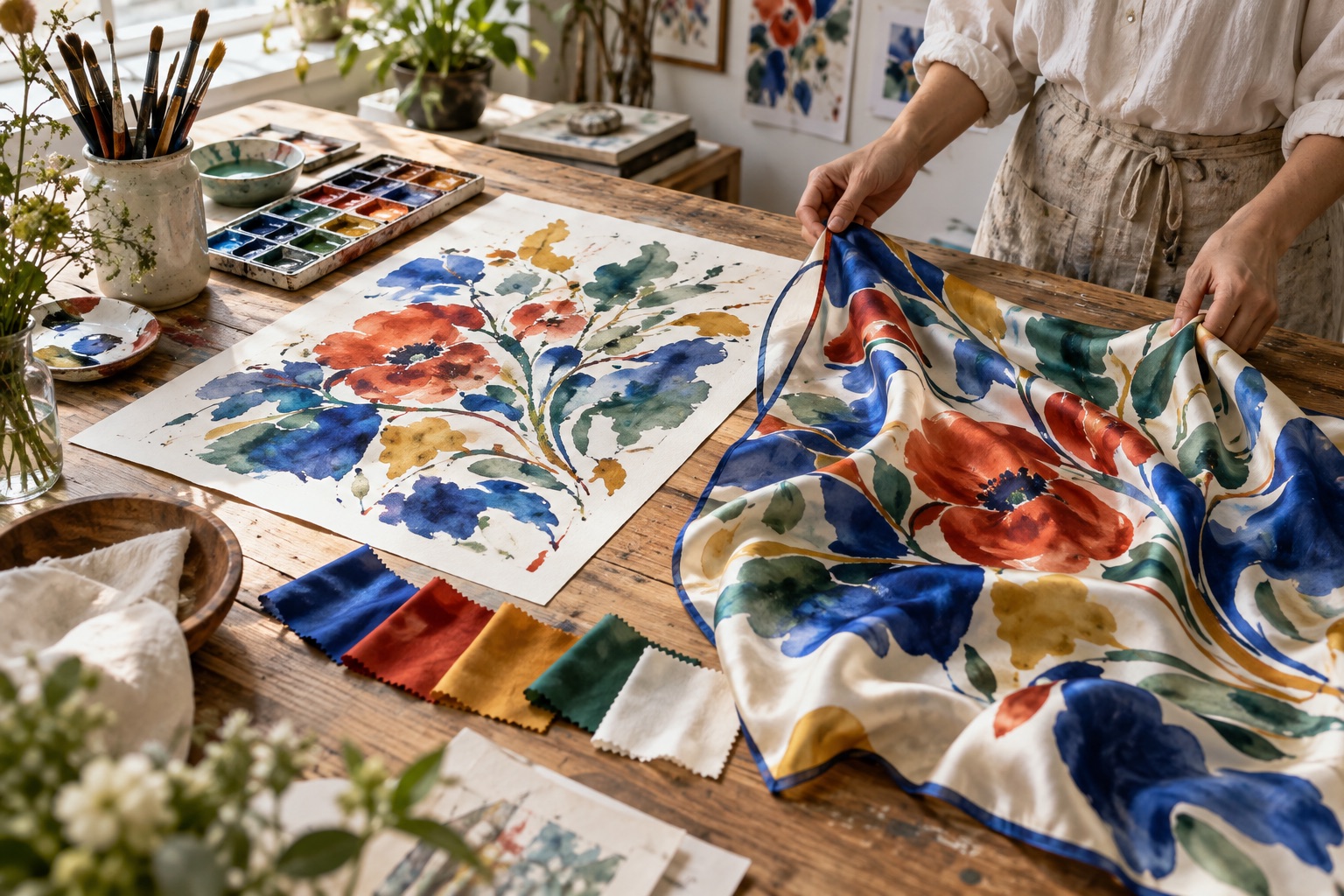 Artist translating colorful watercolor artwork into a silk scarf