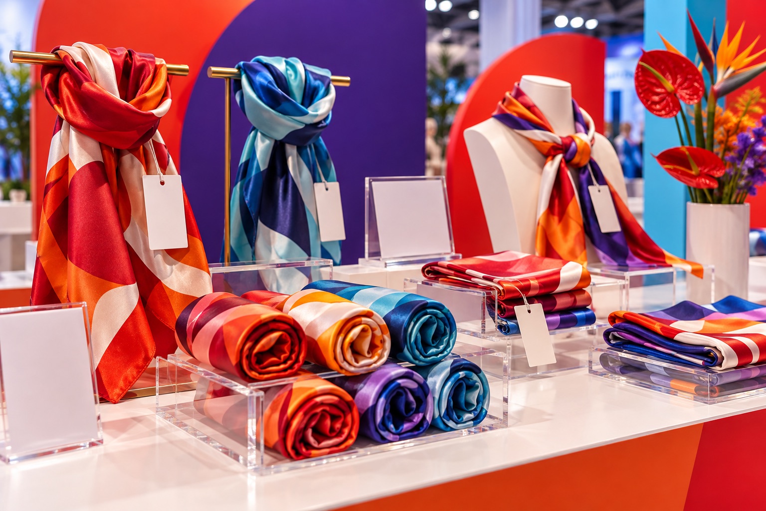 Vivid custom silk scarves displayed as premium event merchandise