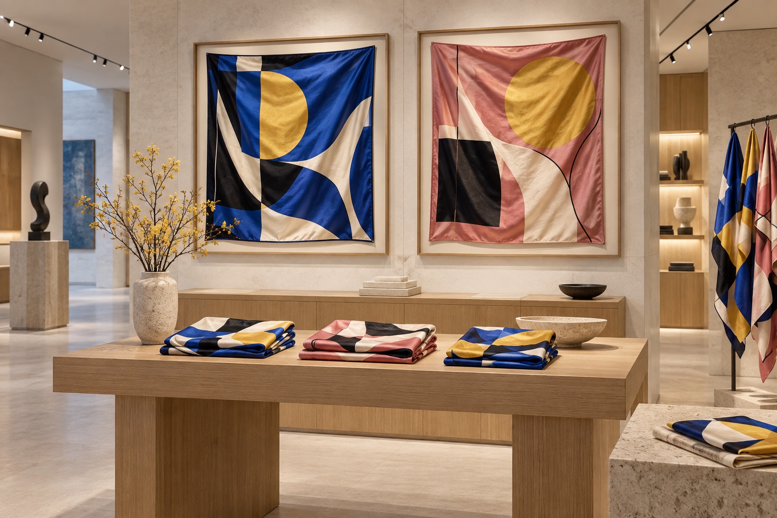 Abstract art-inspired silk scarves in a modern museum gift shop
