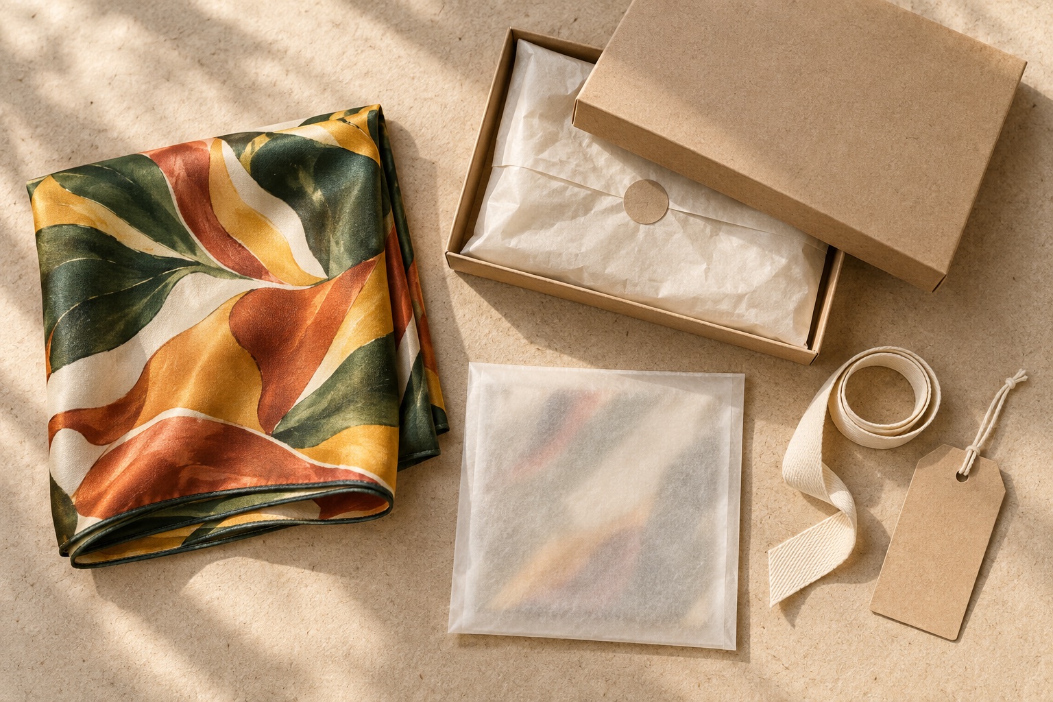 Fashion silk scarf with minimal recycled paper packaging