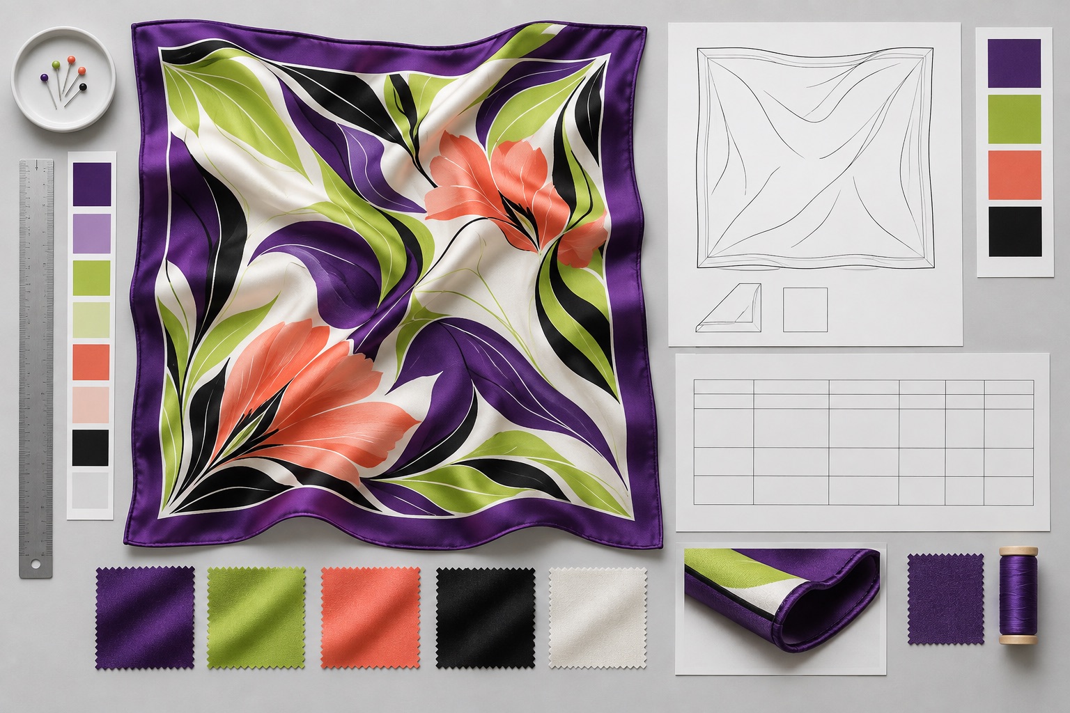 Purple and green scarf with technical drawings, swatches and measurements