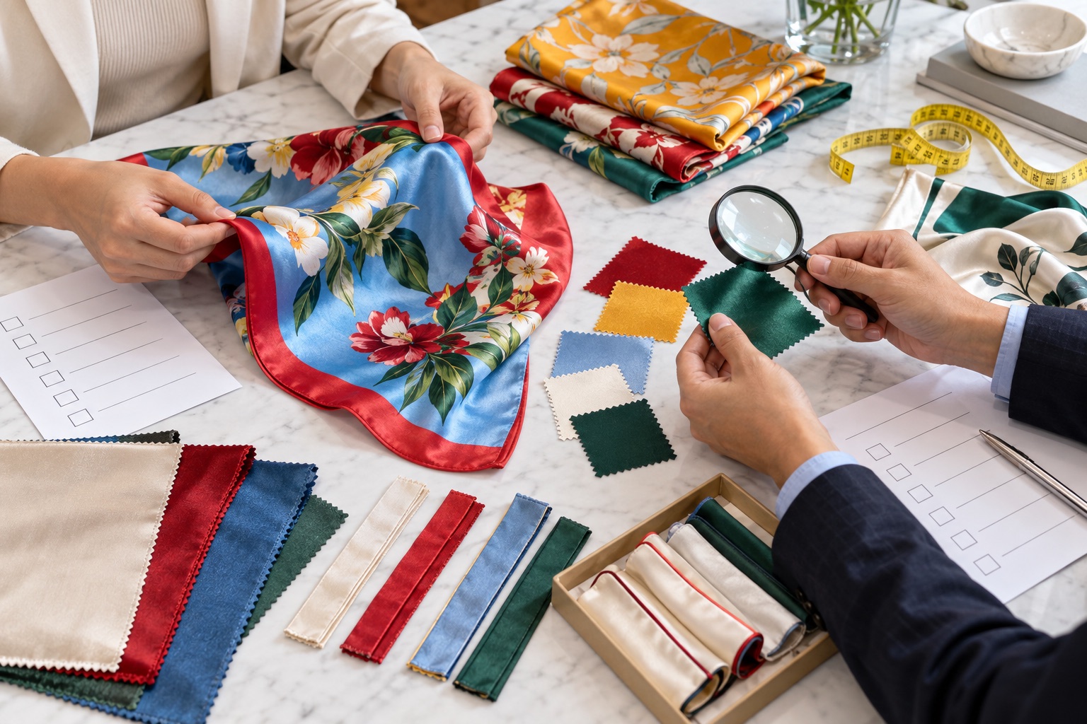 Buyer and factory team reviewing colorful silk scarf samples