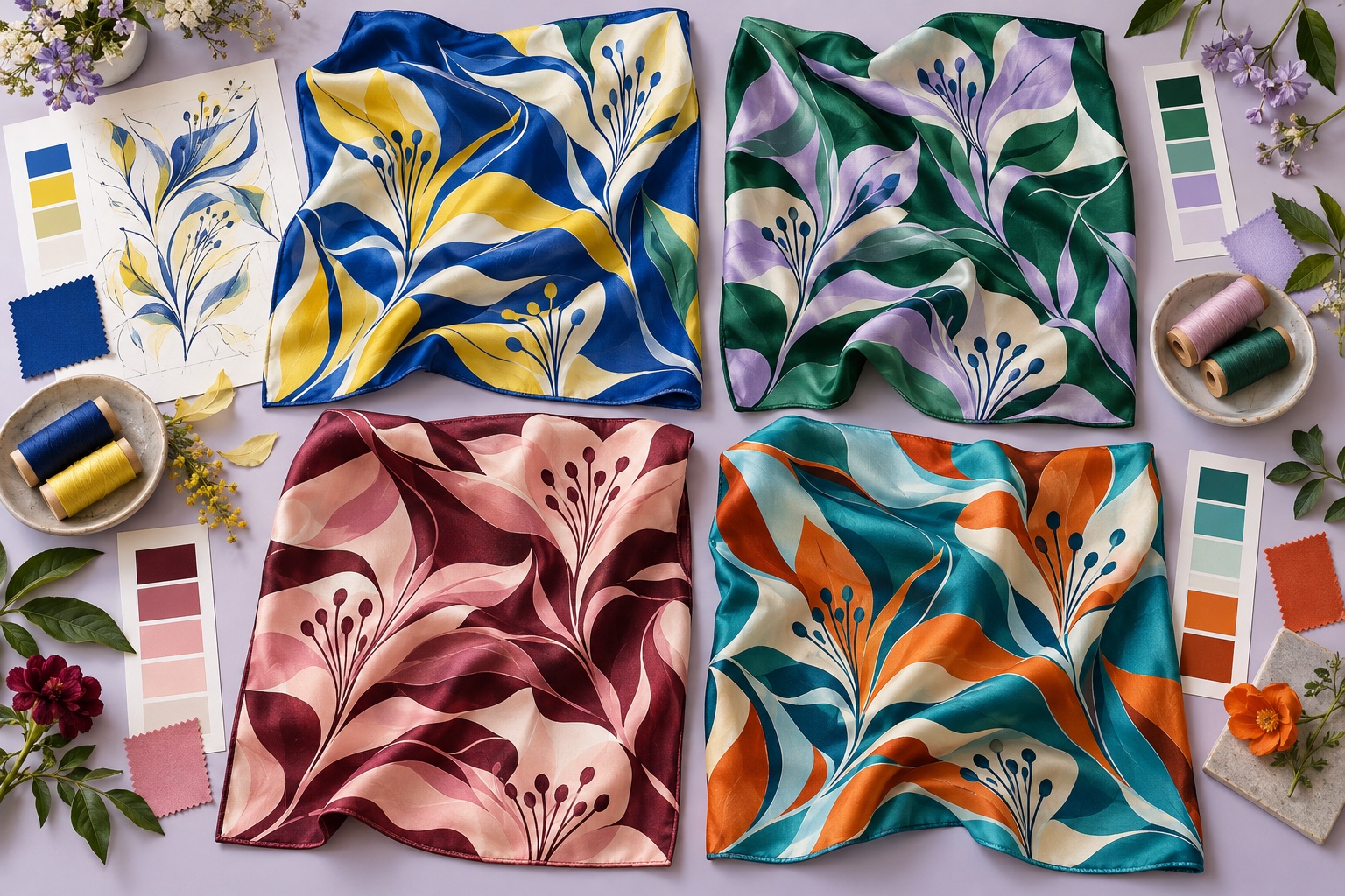 Four coordinated silk scarf colorways with the same abstract botanical pattern