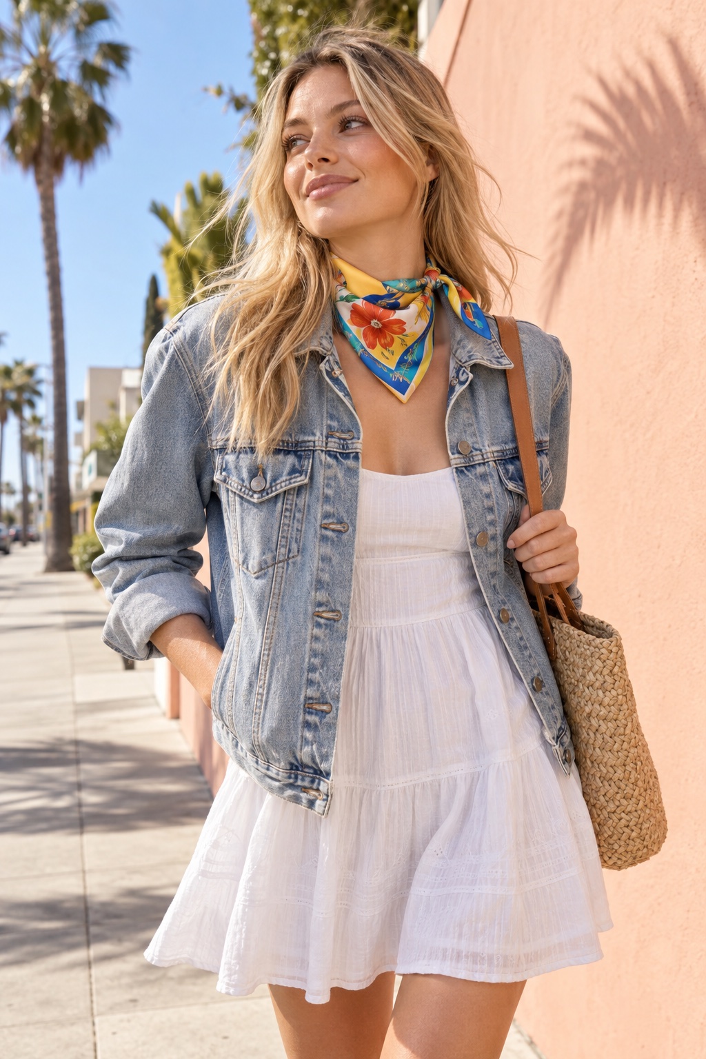Young blonde woman wearing a yellow, red and turquoise silk square in a compact bandana knot