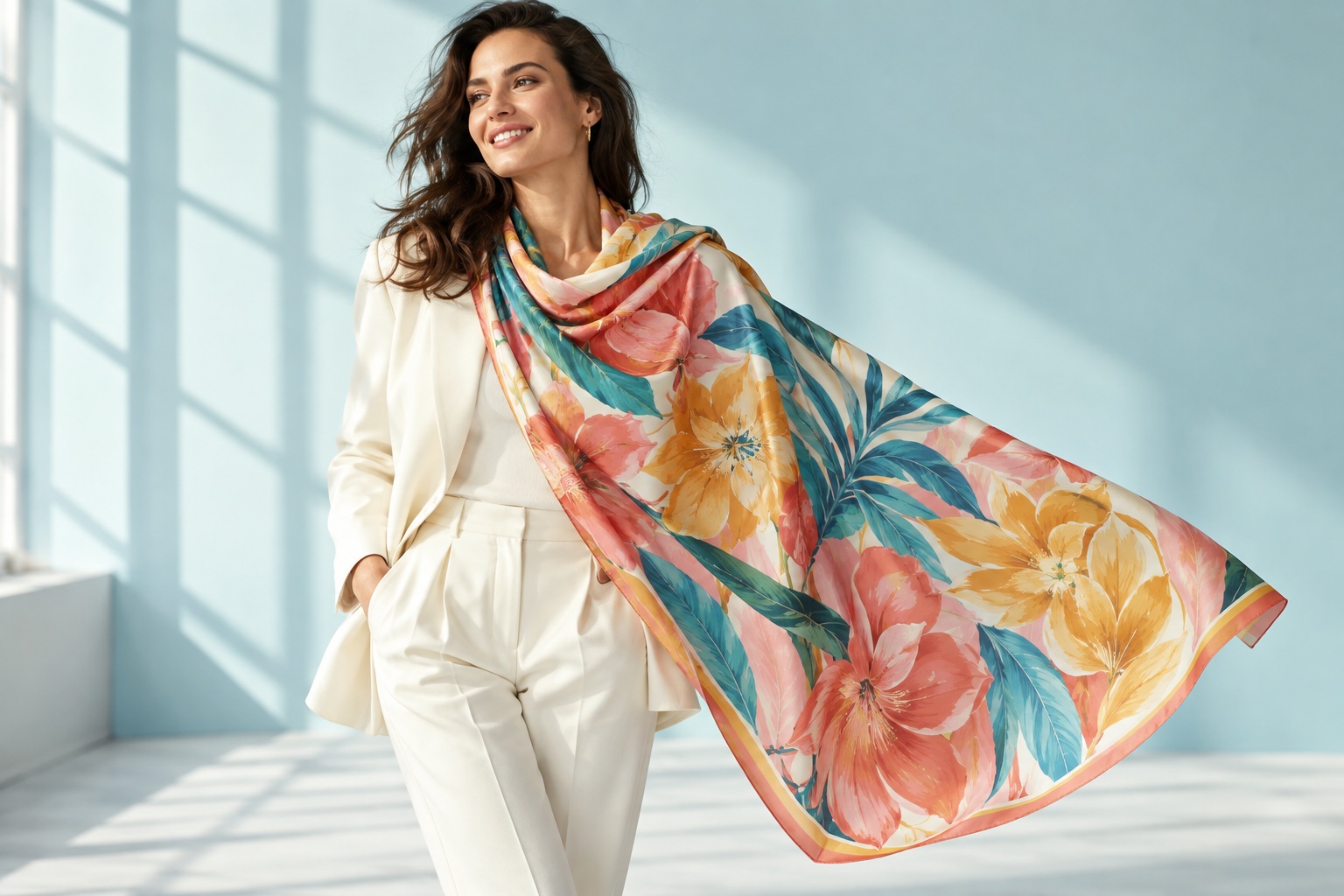 Model wearing a colorful floral silk scarf with an ivory suit