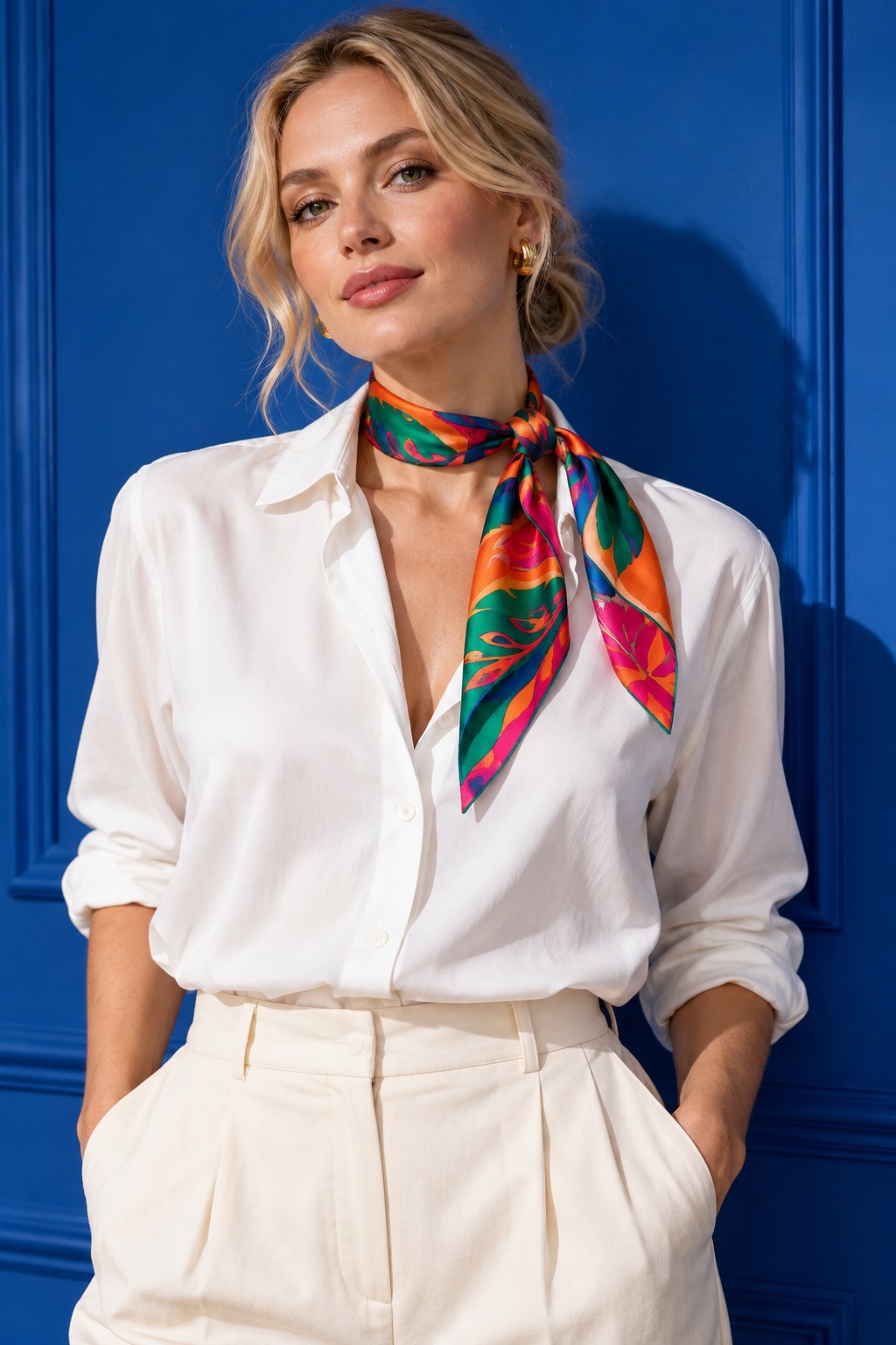 Model styling a bright silk twilly at the neck