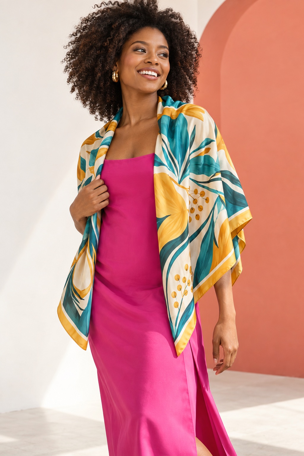Young woman wearing a turquoise, marigold and cream silk square as a bright shoulder wrap