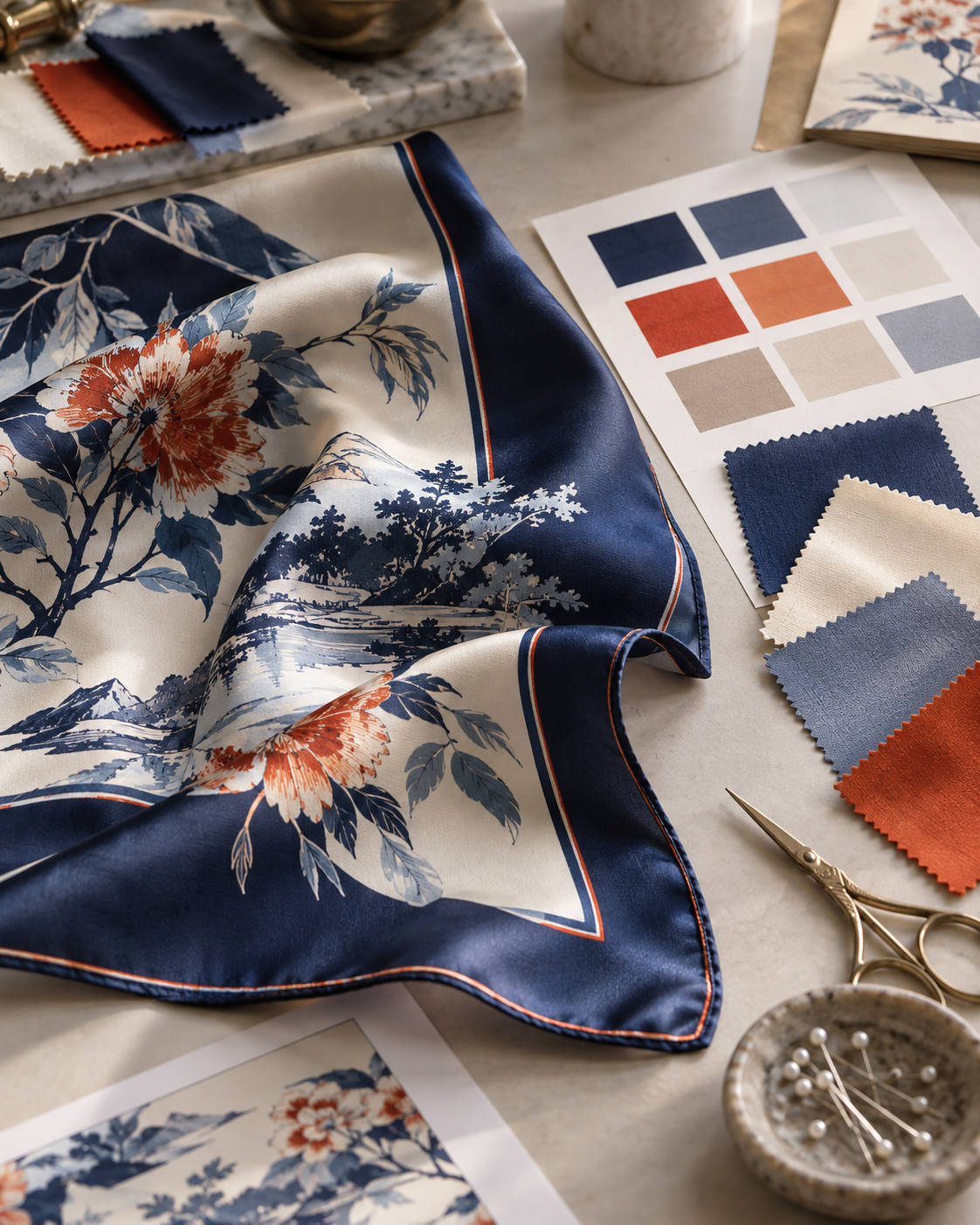 Printed silk scarf, color swatches and fabric samples arranged for custom scarf development
